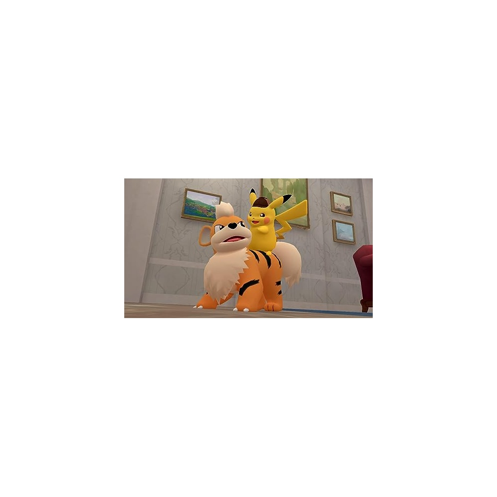 Pikachu cavalca sulla schiena di un Growlithe arancione e nero in una stanza con quadri.