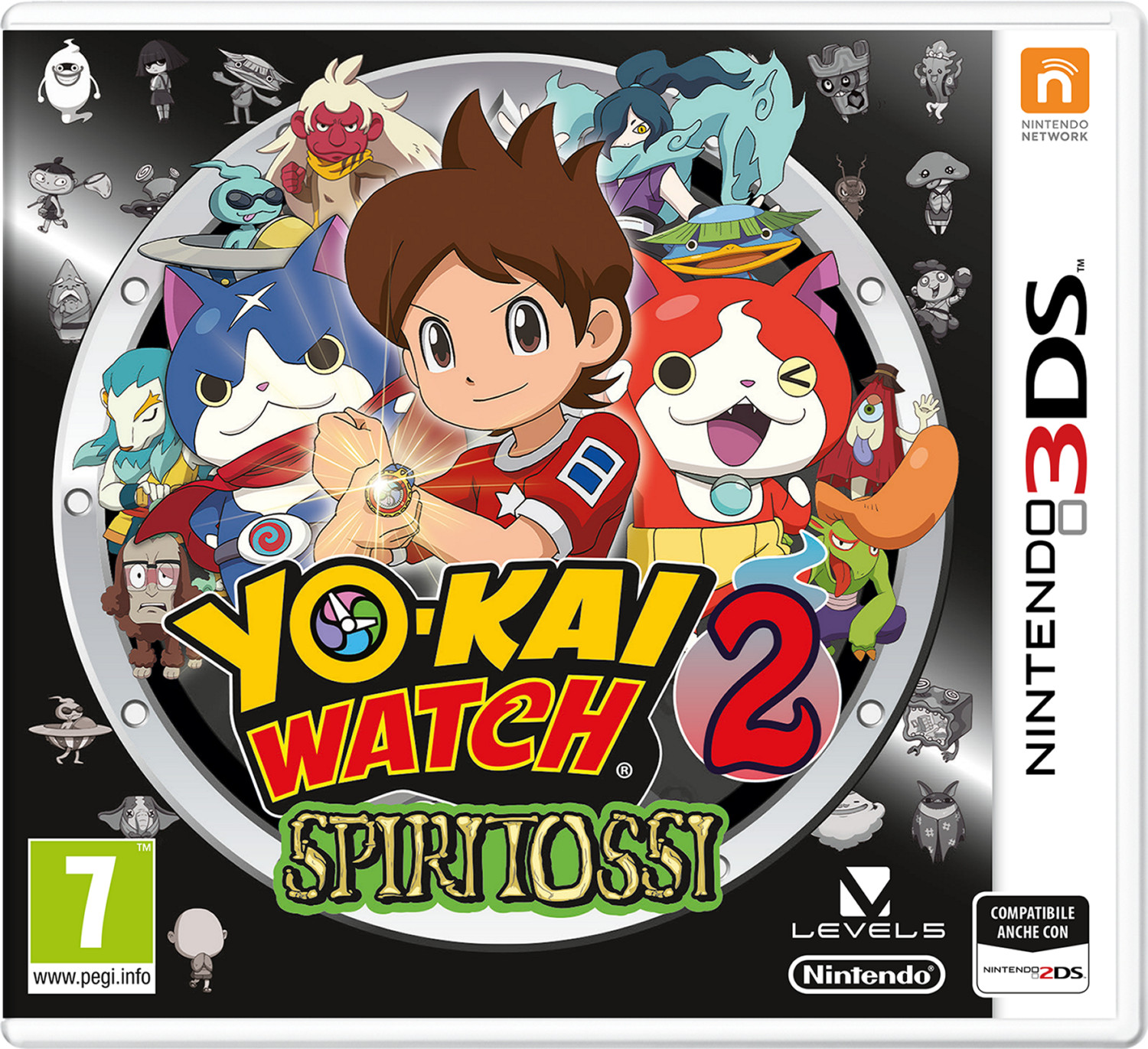 Copertina del gioco Yo-Kai Watch 2: Spiritossis con personaggi e logo Nintendo 3DS.