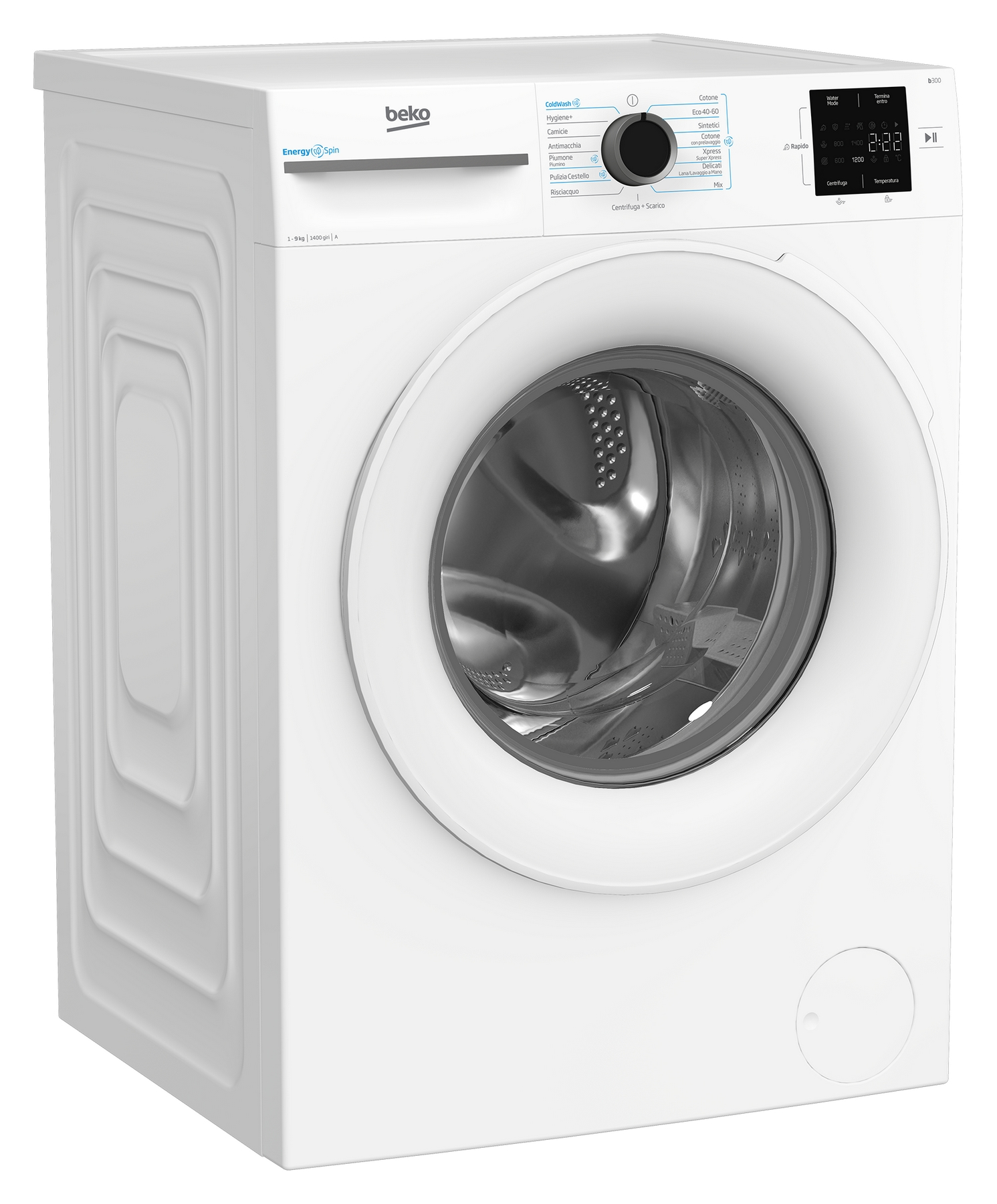 Lavatrice Beko bianca con display digitale e selezione programmi.