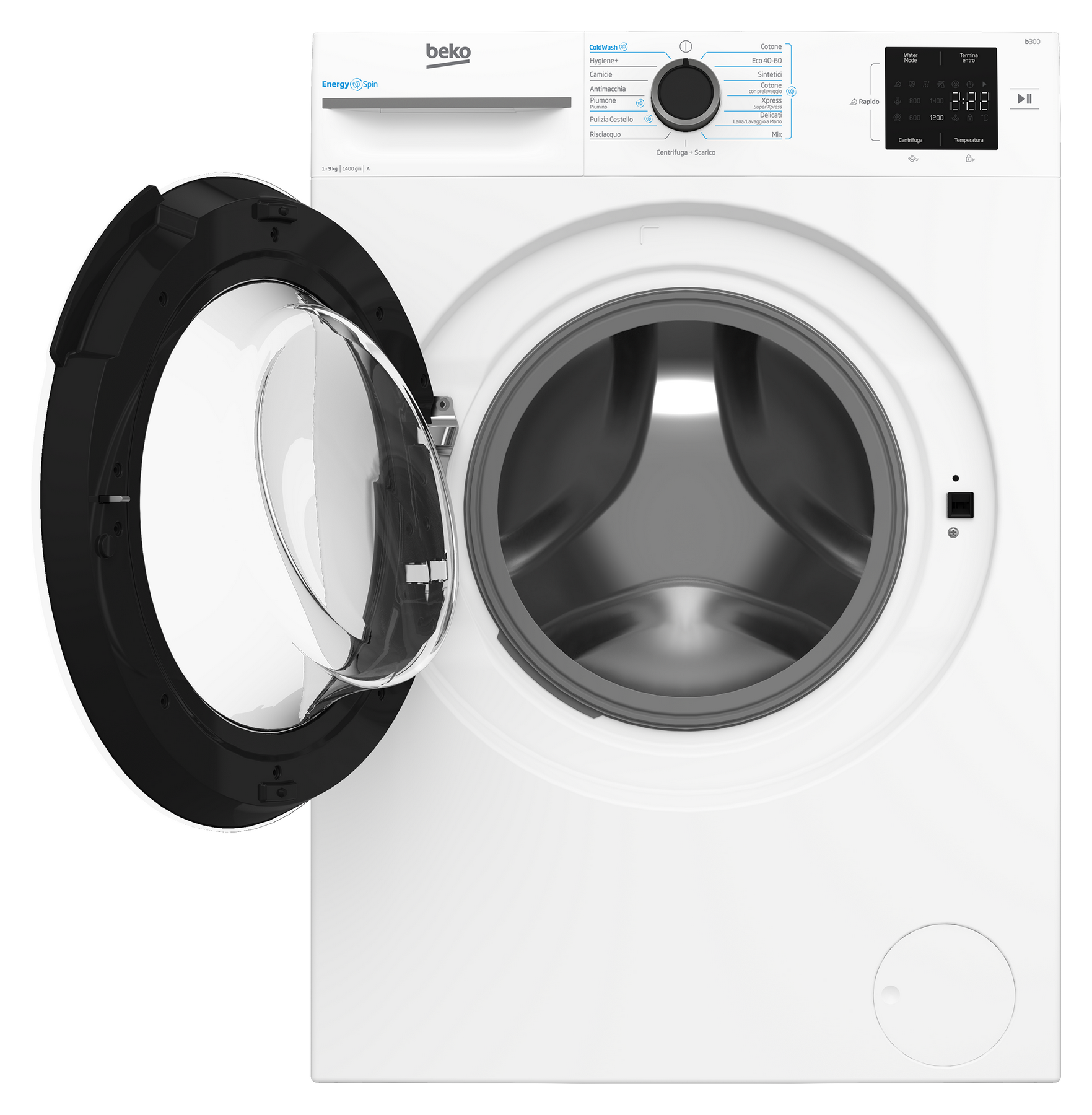 Una lavatrice Beko bianca con oblò aperto, che mostra l'interno argentato del cestello.