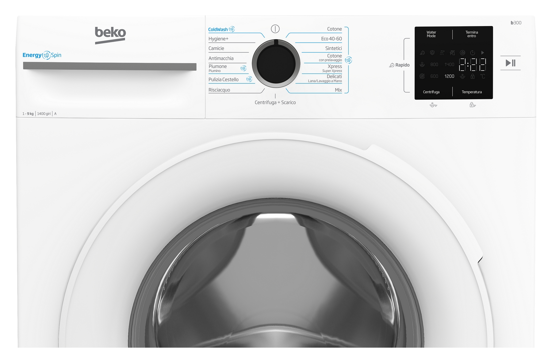 Lavatrice Beko bianca con pannello comandi e display digitale. Selettore programmi.