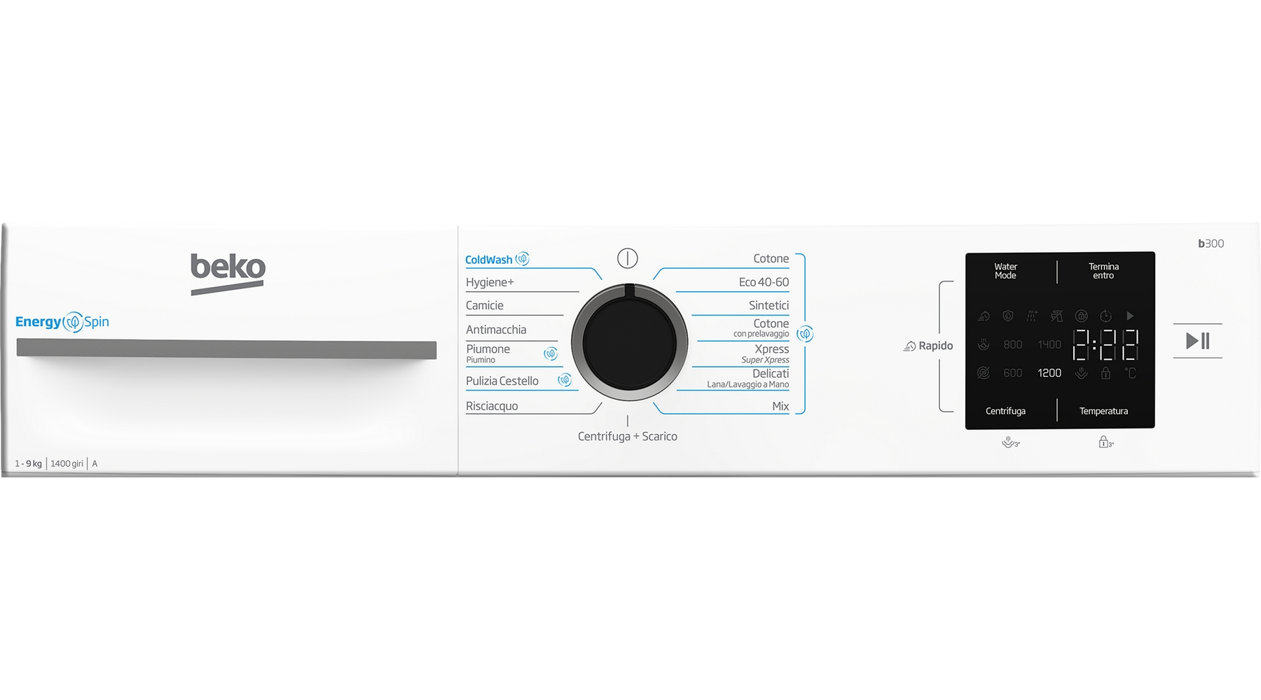 Lavatrice Beko bianca con display digitale e selettore programmi.