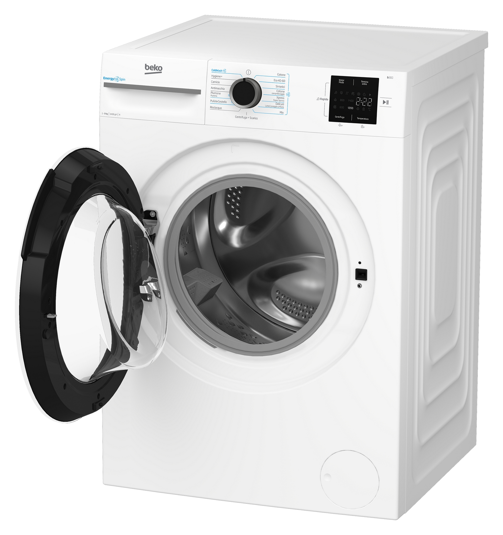 Lavatrice Beko bianca con oblò aperto e pannello comandi.
