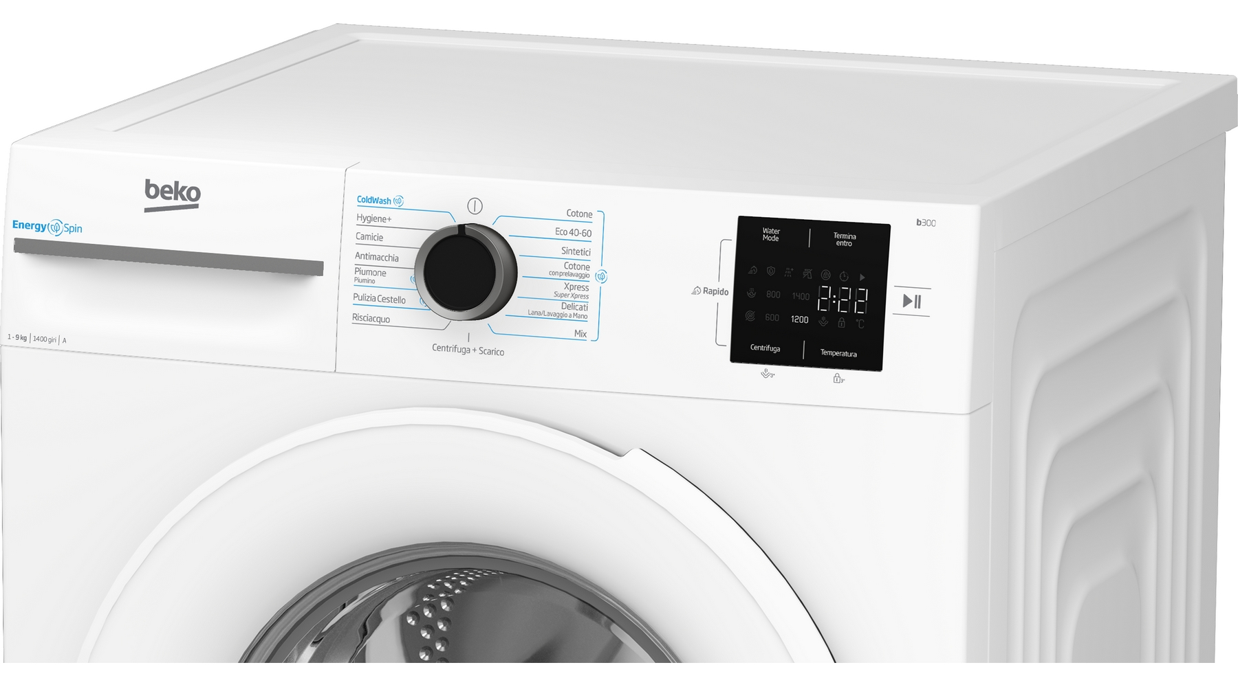 Una lavatrice Beko bianca con display digitale e selettore programmi.