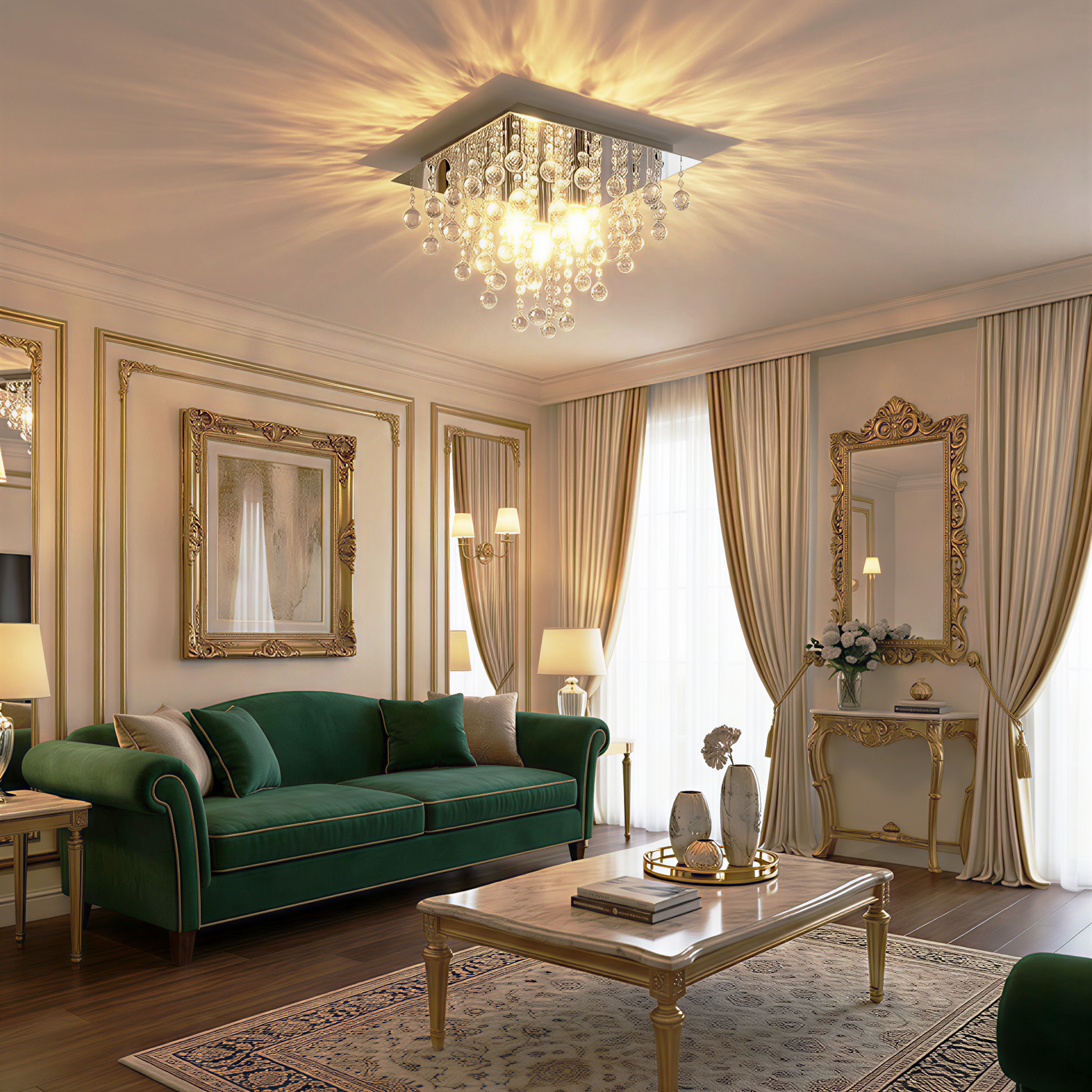 Ein grünes Sofa steht in einem opulenten Wohnzimmer mit Marmortisch und Kristalllüster.