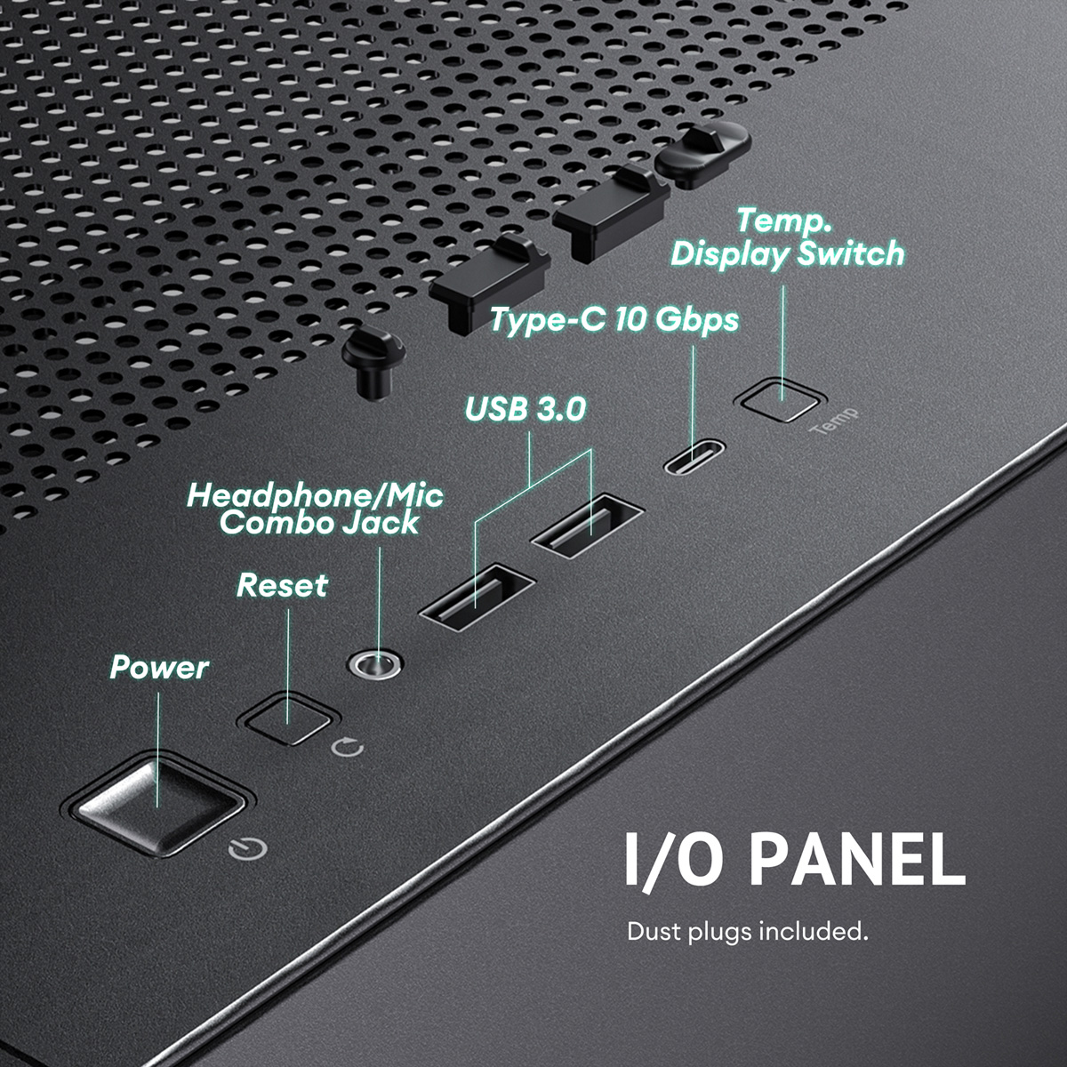 Panel I/O z zasilaniem, reset, USB 3.0, Type-C i przełącznikiem temp.
