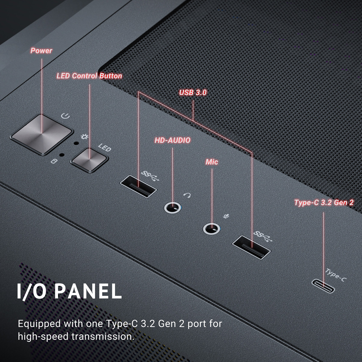 Panel de I/O con botones de encendido, LED, USB 3.0, HD-Audio, Mic y Tipo-C.