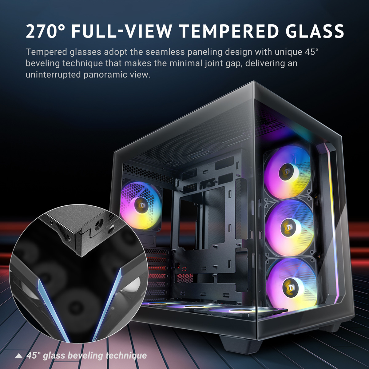 Caja de PC con frontal de cristal y ventiladores RGB. Bisel de 45° resaltado.