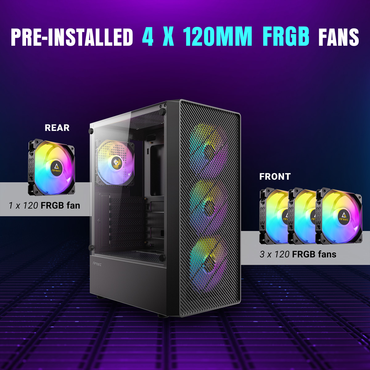 Una caja de PC con cuatro ventiladores FRGB de 120 mm preinstalados delante y detrás.