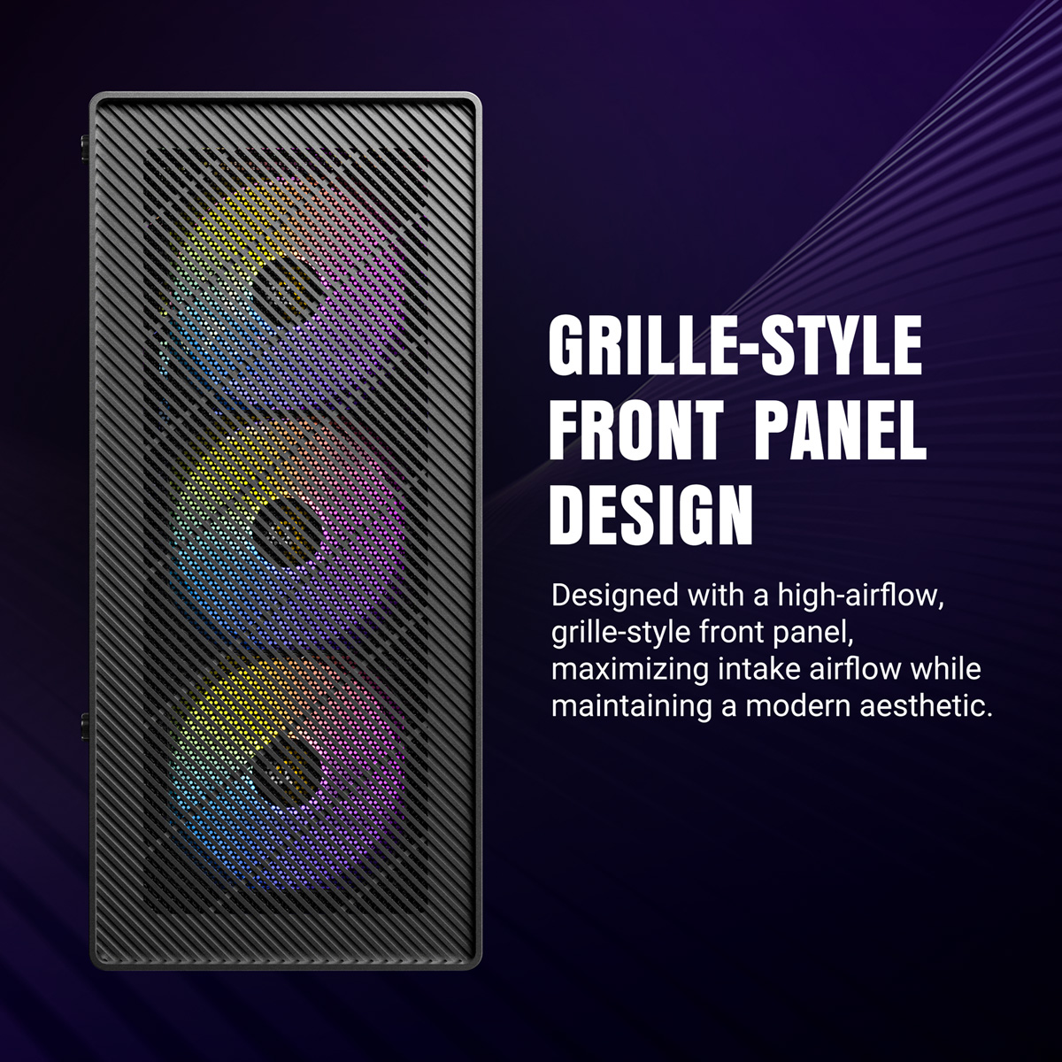 Frente de caja de PC negra con tres ventiladores RGB y diseño de rejilla.