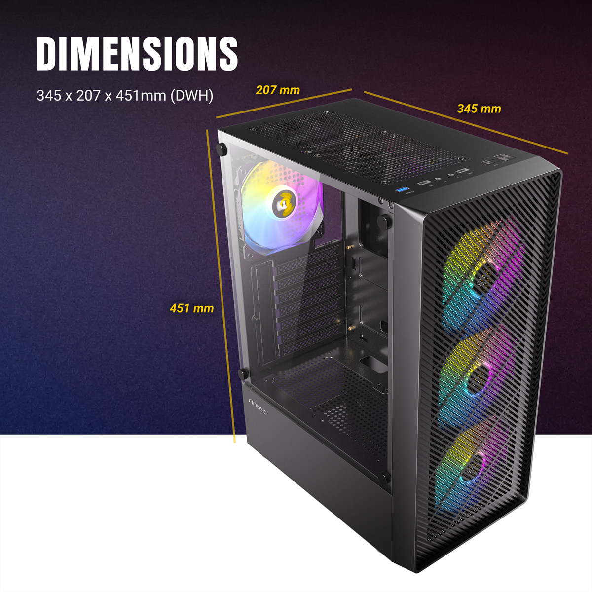 Caja de PC negra con ventiladores coloridos y dimensiones 345x207x451mm.