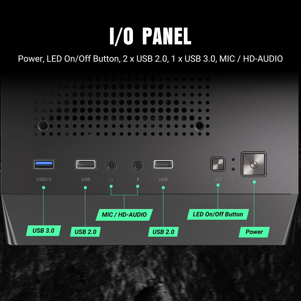 Panel I/O con USB 3.0, 2x USB 2.0, Mic/Audio, botón LED y botón de encendido.