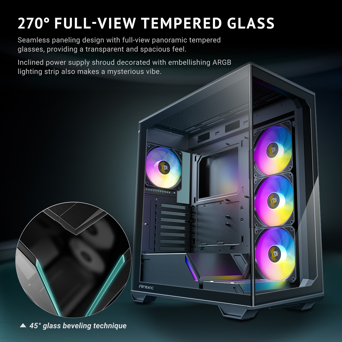 Case PC con vetro temperato e ventole ARGB. Mostra smussatura vetro 45°.