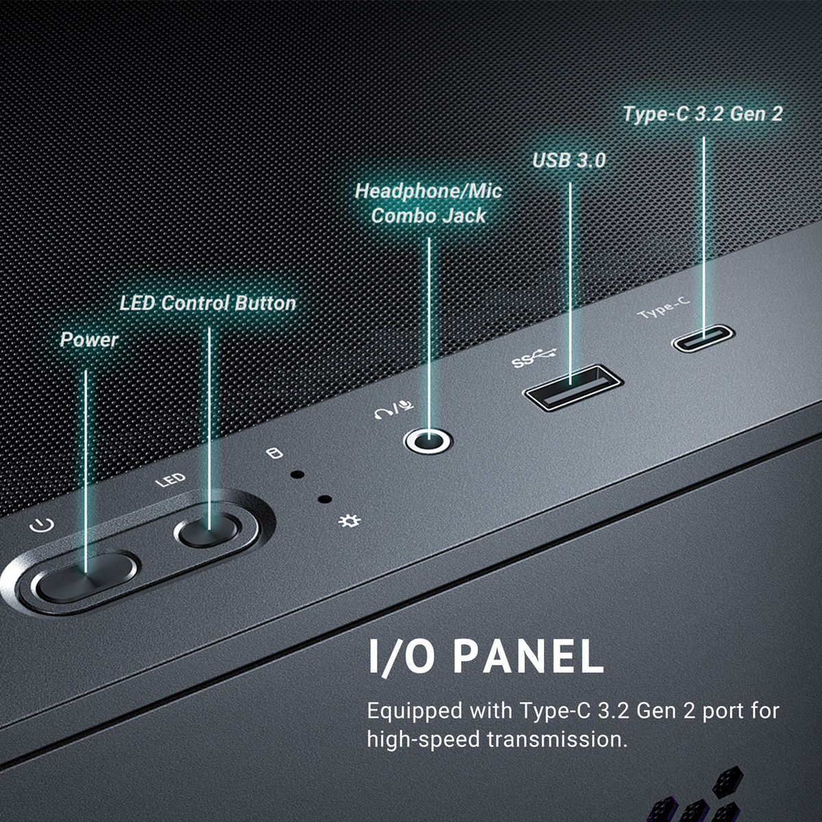Pannello I/O con porte Power, LED, Cuffie, USB 3.0 e Type-C.