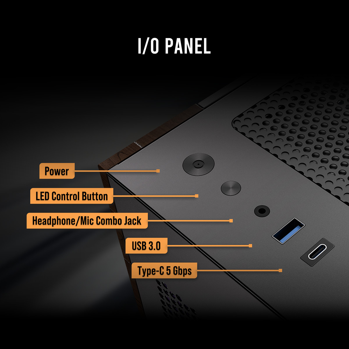I/O-Panel mit Power-Knopf, LED-Steuerung, Kopfhöreranschluss, USB 3.0 und USB-C.