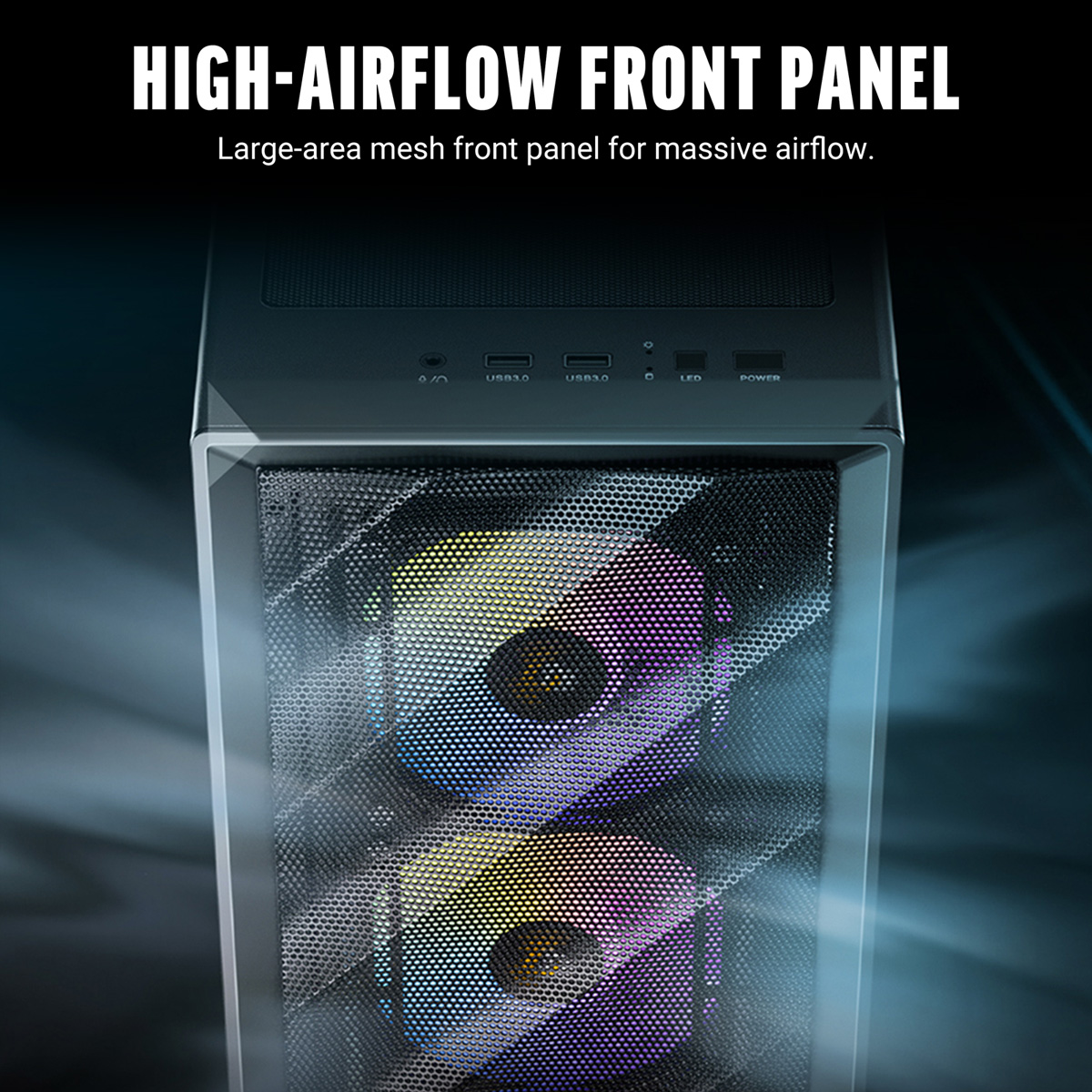 Obudowa komputera z podświetlanymi wentylatorami i siatkowym panelem.