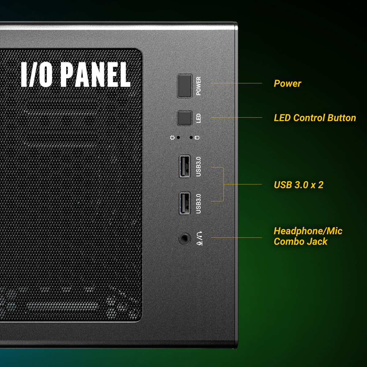 Panel I/O z przyciskami Power, LED, 2x USB 3.0 i gniazdem audio.