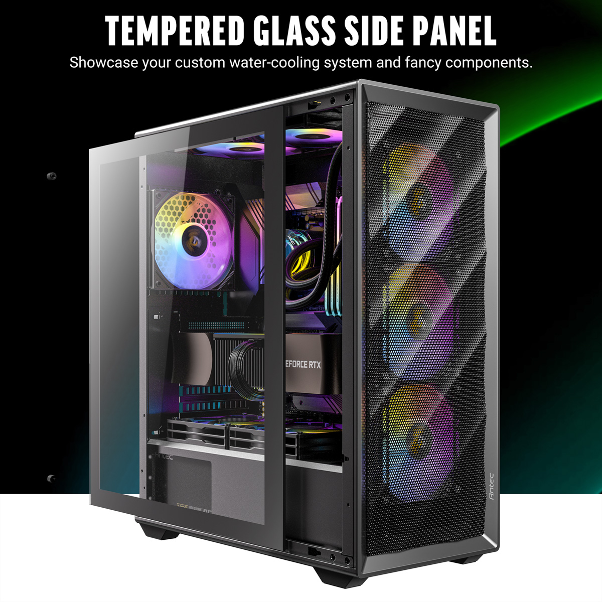 Czarna obudowa komputera z hartowanego szkła, pokazująca wentylatory RGB i podzespoły.