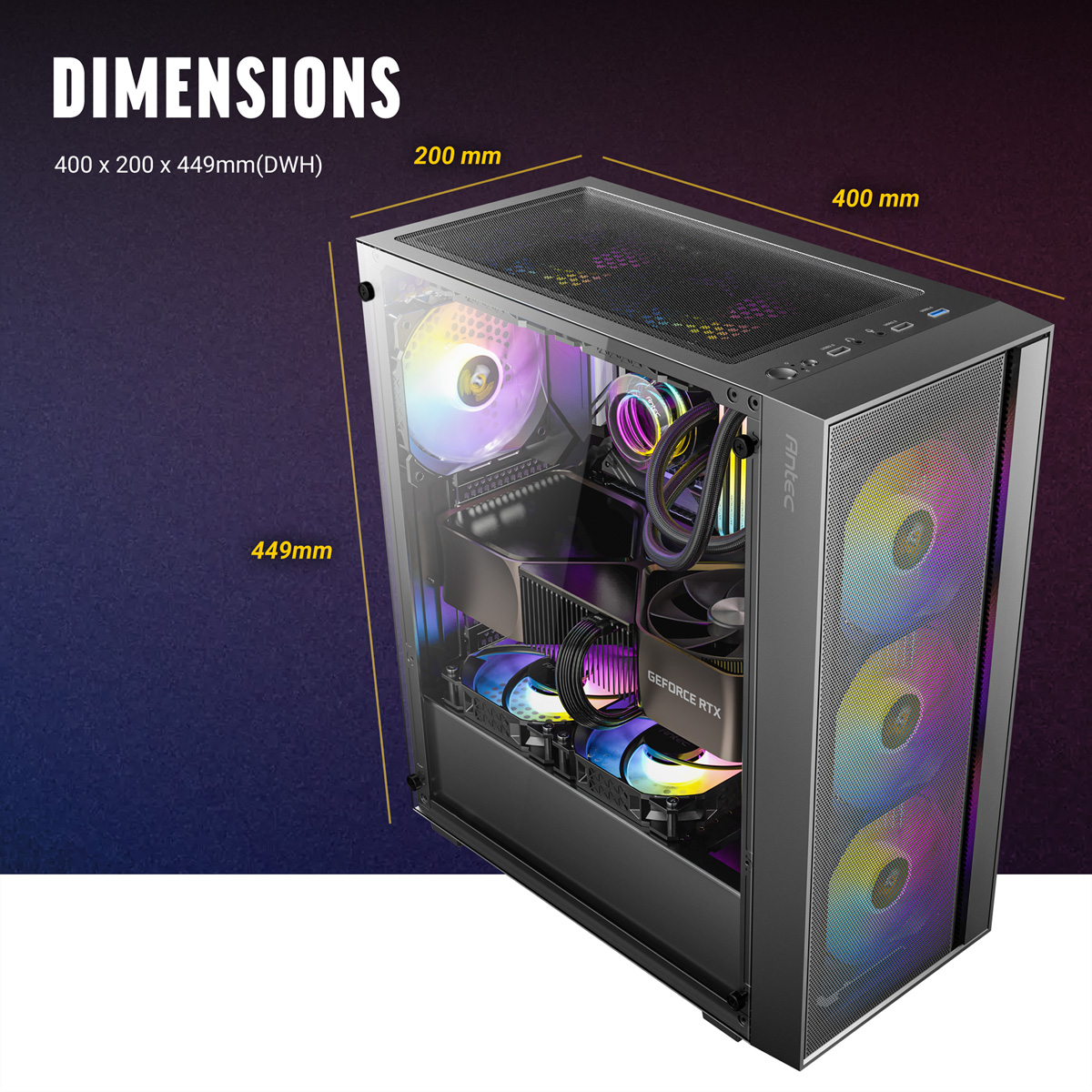 Wymiary obudowy: 400x200x449mm. Wentylatory RGB widoczne wewnątrz.