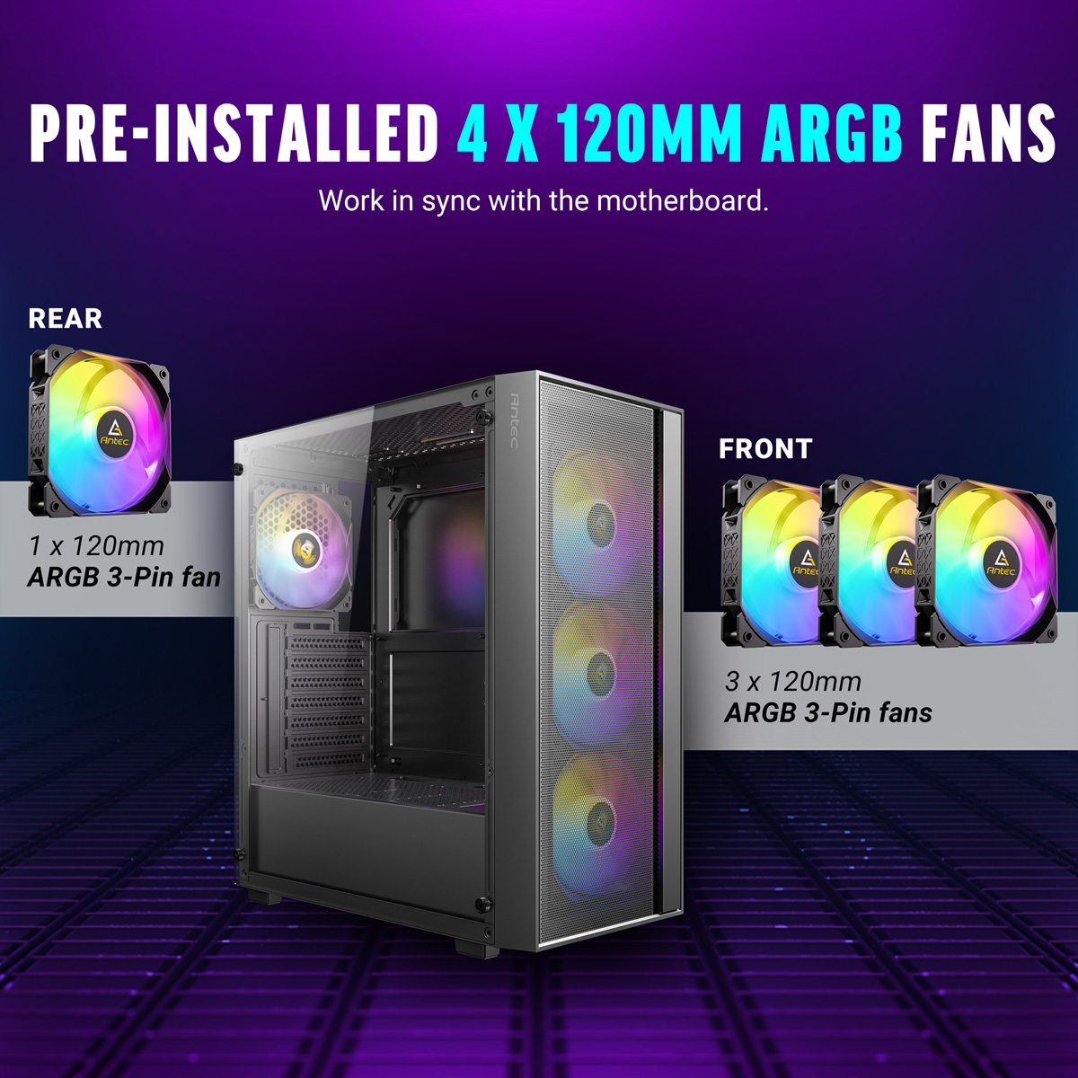 Obudowa komputera z wentylatorami ARGB z przodu i z tyłu.