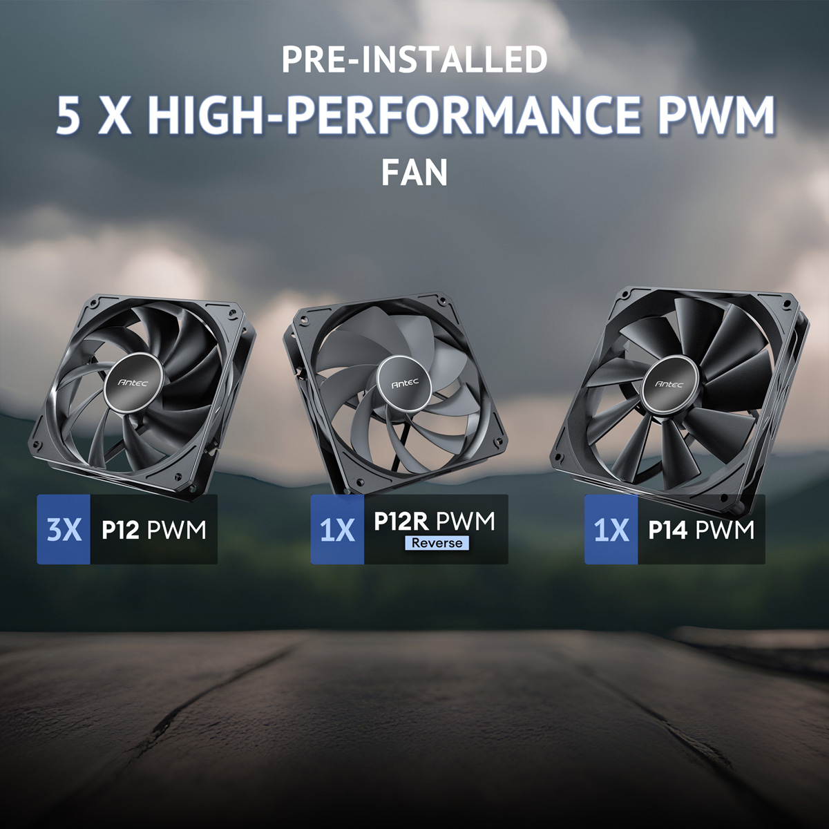 Drie zwarte ventilatoren: 3x P12 PWM, 1x P12R PWM Reverse, 1x P14 PWM.