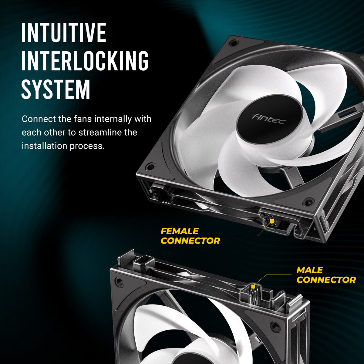 Deux ventilateurs PC noirs à pales blanches, montrant les connecteurs.