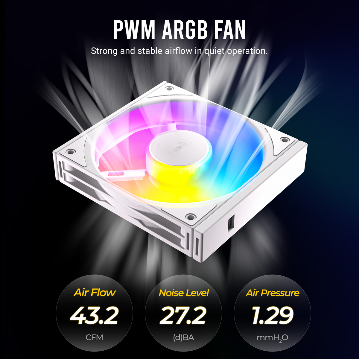 Un ventilateur PWM ARGB blanc avec LED colorées, affichant le débit d'air, le niveau sonore et la pression.