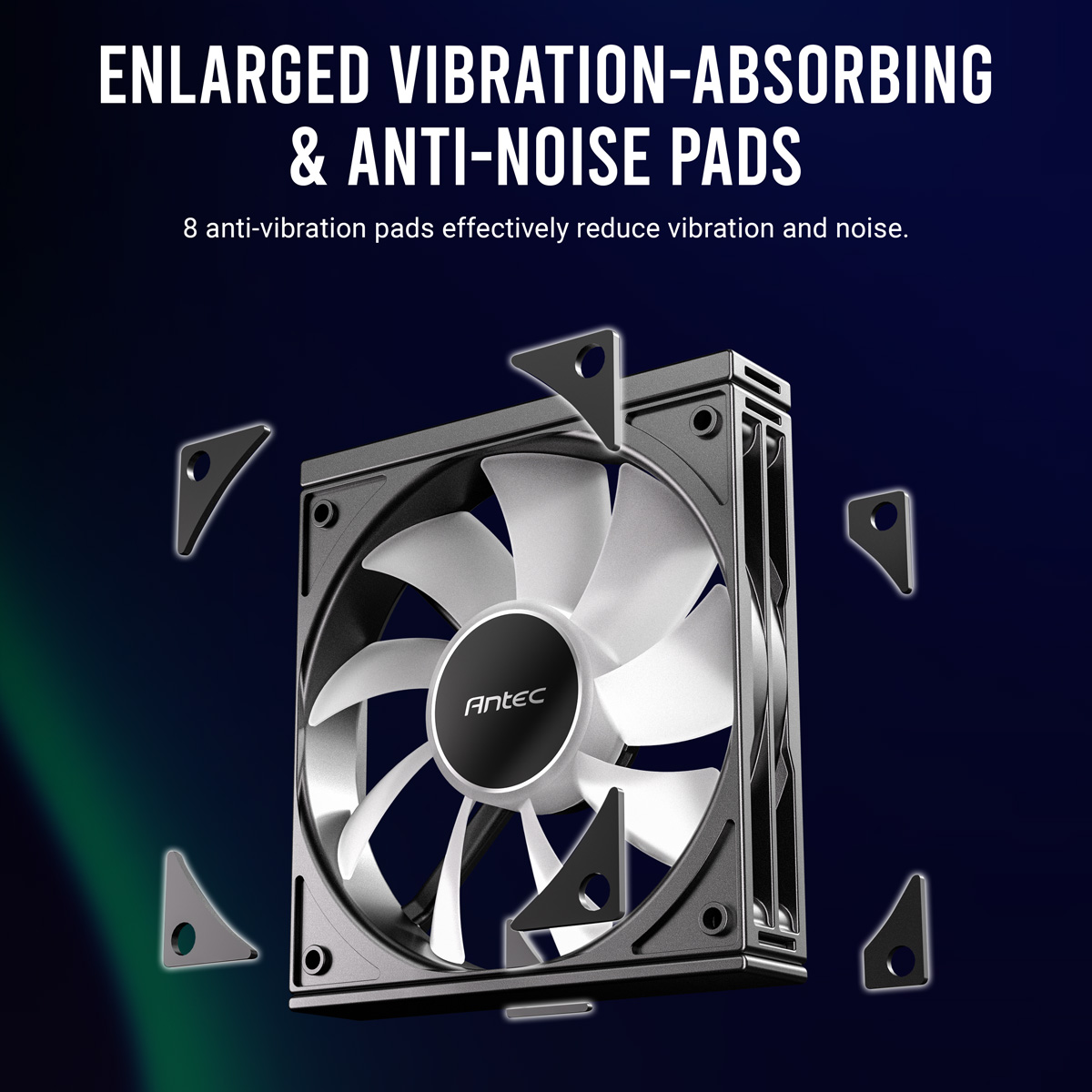 Wentylator z szarymi łopatkami i czarnym środkiem z logo Antec, otoczony 8 podkładkami.