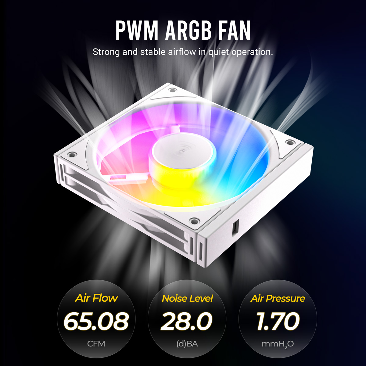Biały wentylator PWM ARGB z kolorowymi diodami LED, pokazuje przepływ powietrza 65.08 CFM, hałas 28.0 dB, ciśnienie 1.70 mmH₂O.