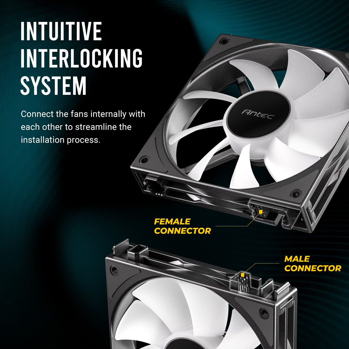 Dwa wentylatory komputerowe z białymi łopatkami i czarnymi ramkami. Zbliżenie złączy.