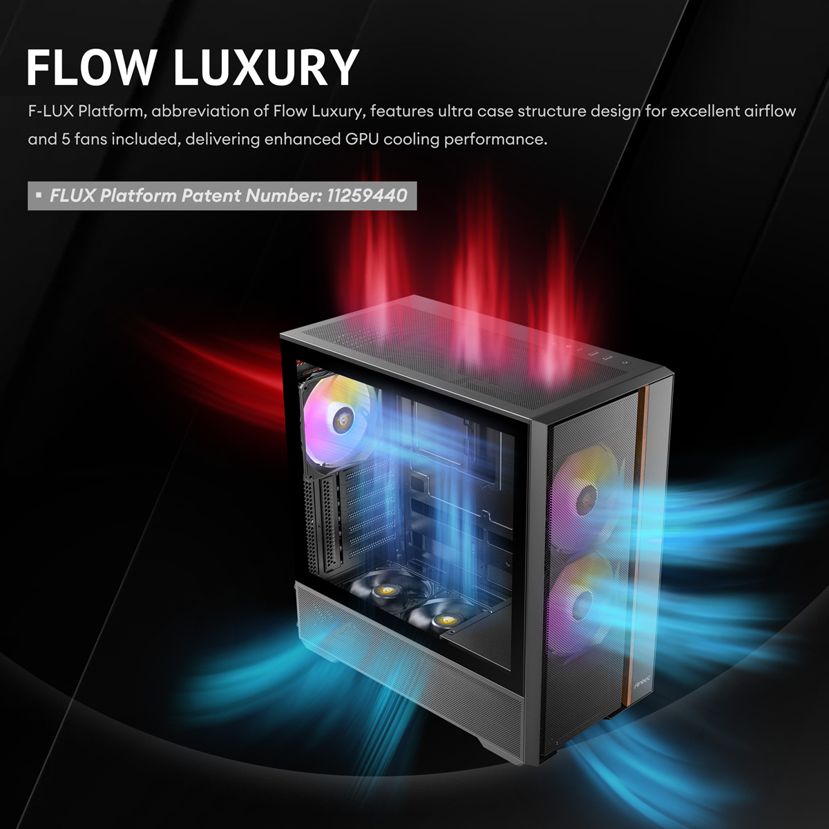 Un case per computer con flusso d'aria blu e rosso, che mostra il raffreddamento.