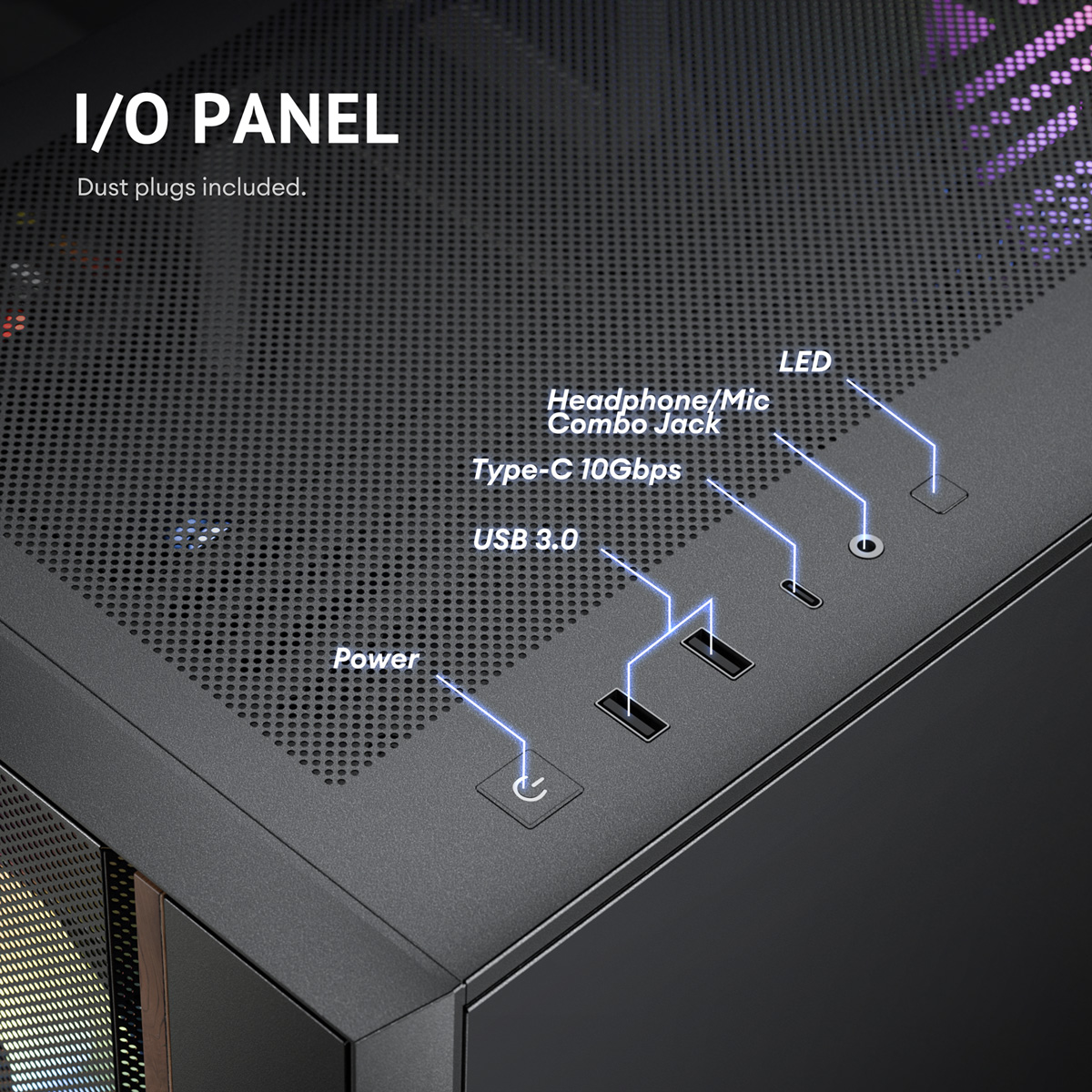 Pannello I/O PC con Power, USB 3.0, Type-C, Jack Cuffie/Microfono e LED.