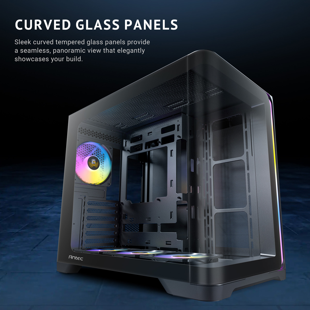 Caja de PC negra con paneles de vidrio curvos y ventiladores RGB.