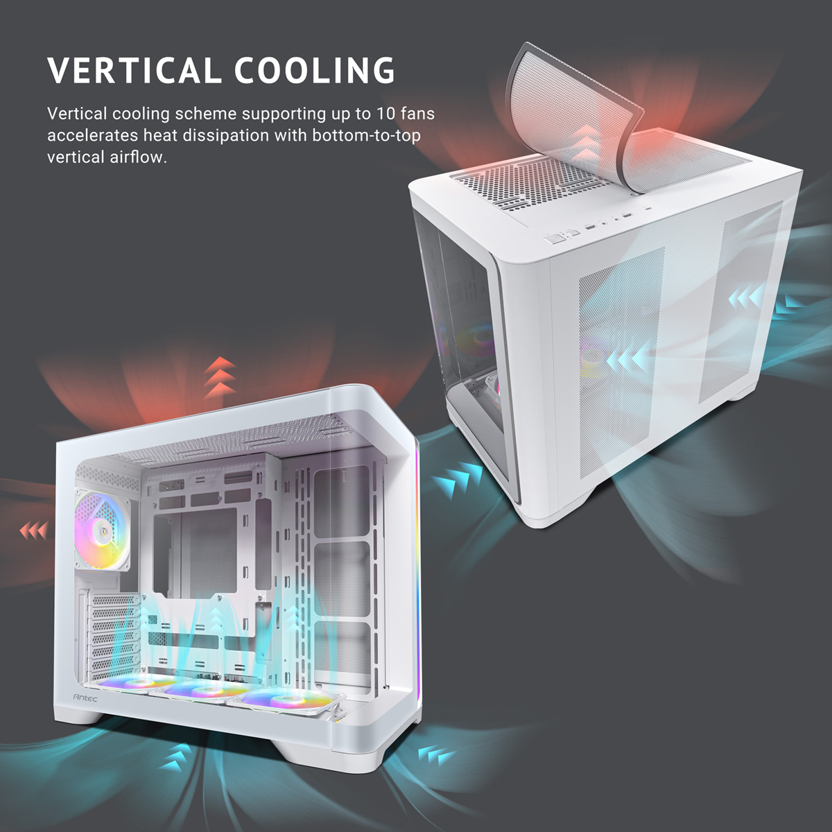 Dos cajas de PC blancas mostrando flujo de aire vertical con ventiladores RGB.