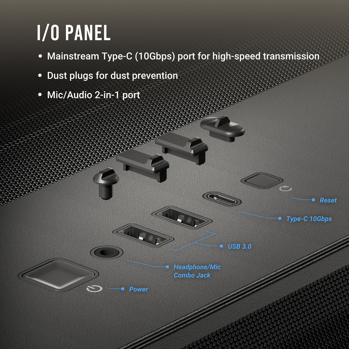 Panel I/O z USB 3.0, Type-C, zasilaniem, resetem i gniazdem audio.