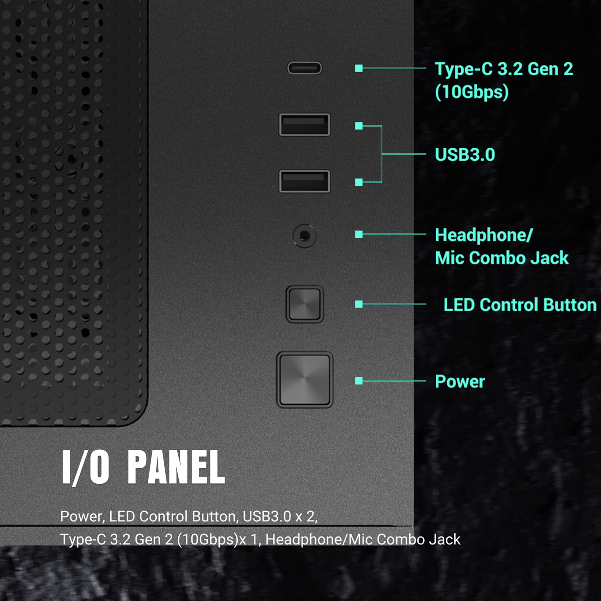 Pannello I/O con Type-C, USB 3.0, jack audio, pulsante LED, pulsante accensione.