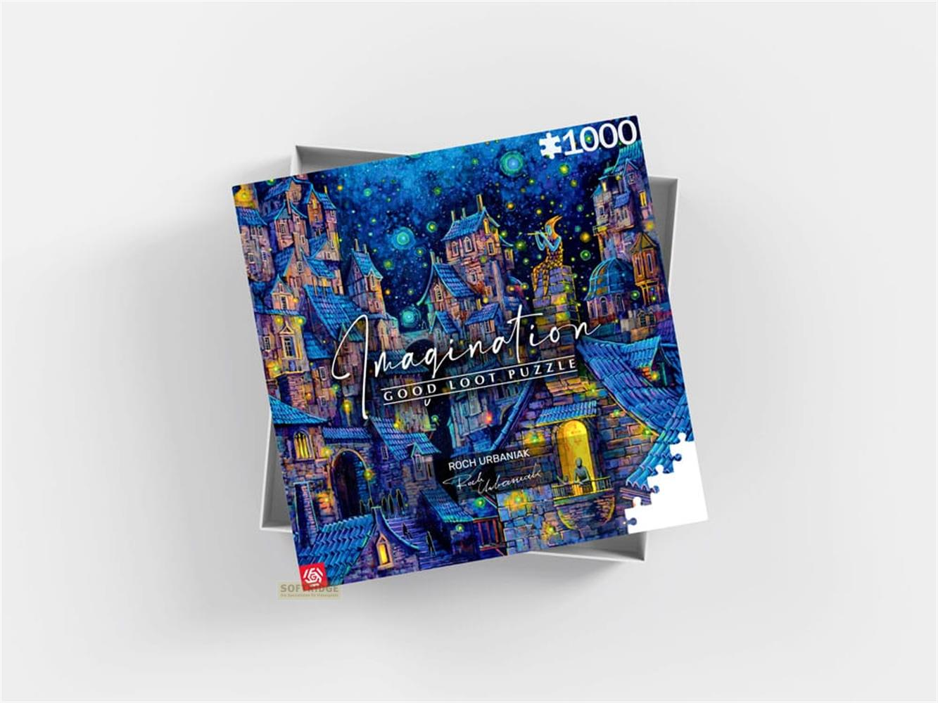 Een legpuzzeldoos van 1000 stukjes met een afbeelding van een fantasierijke stad 's nachts.