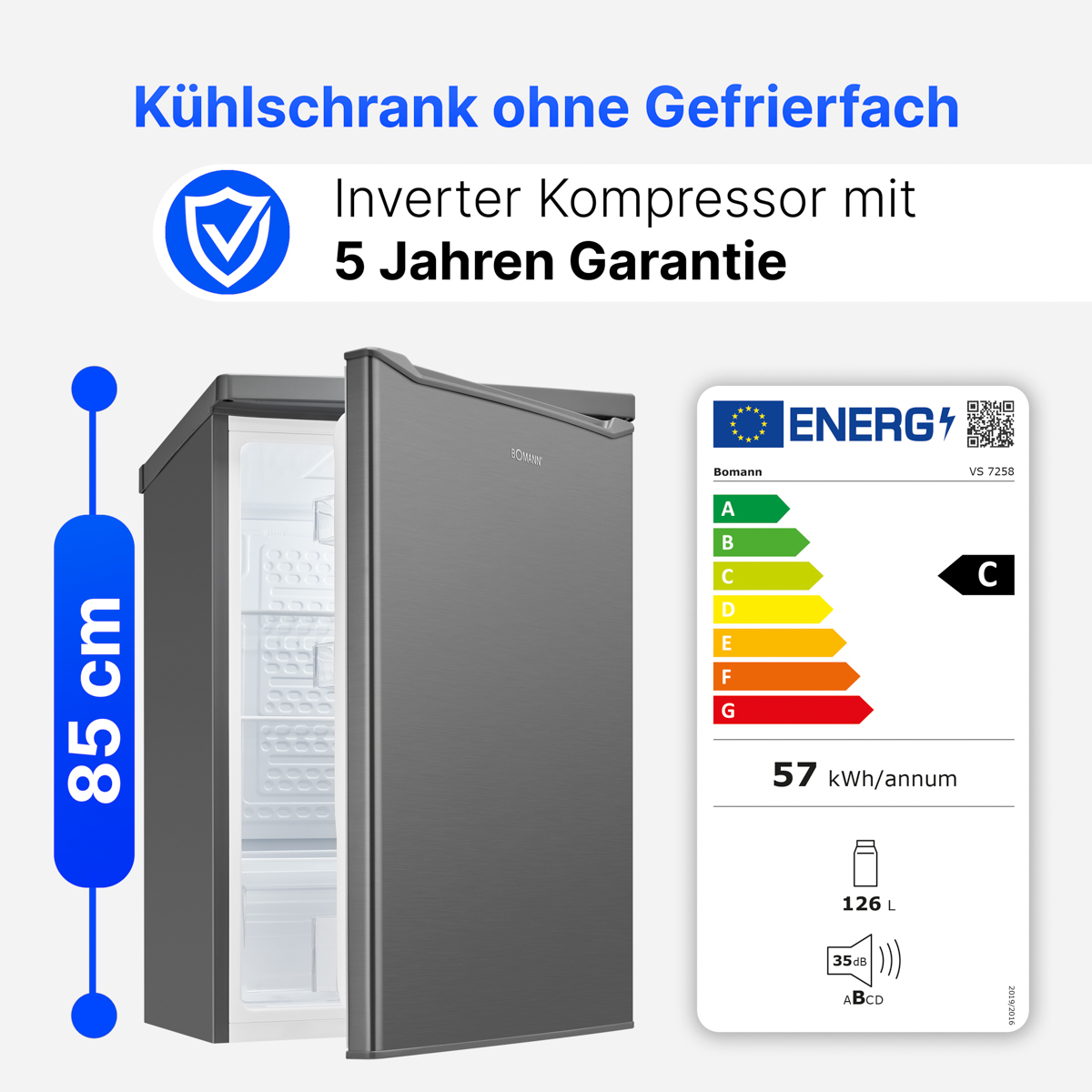 Grauer Kühlschrank, 85cm hoch, offene Tür mit Fächern. Energieetikett C, 126L, 57 kWh/Jahr.