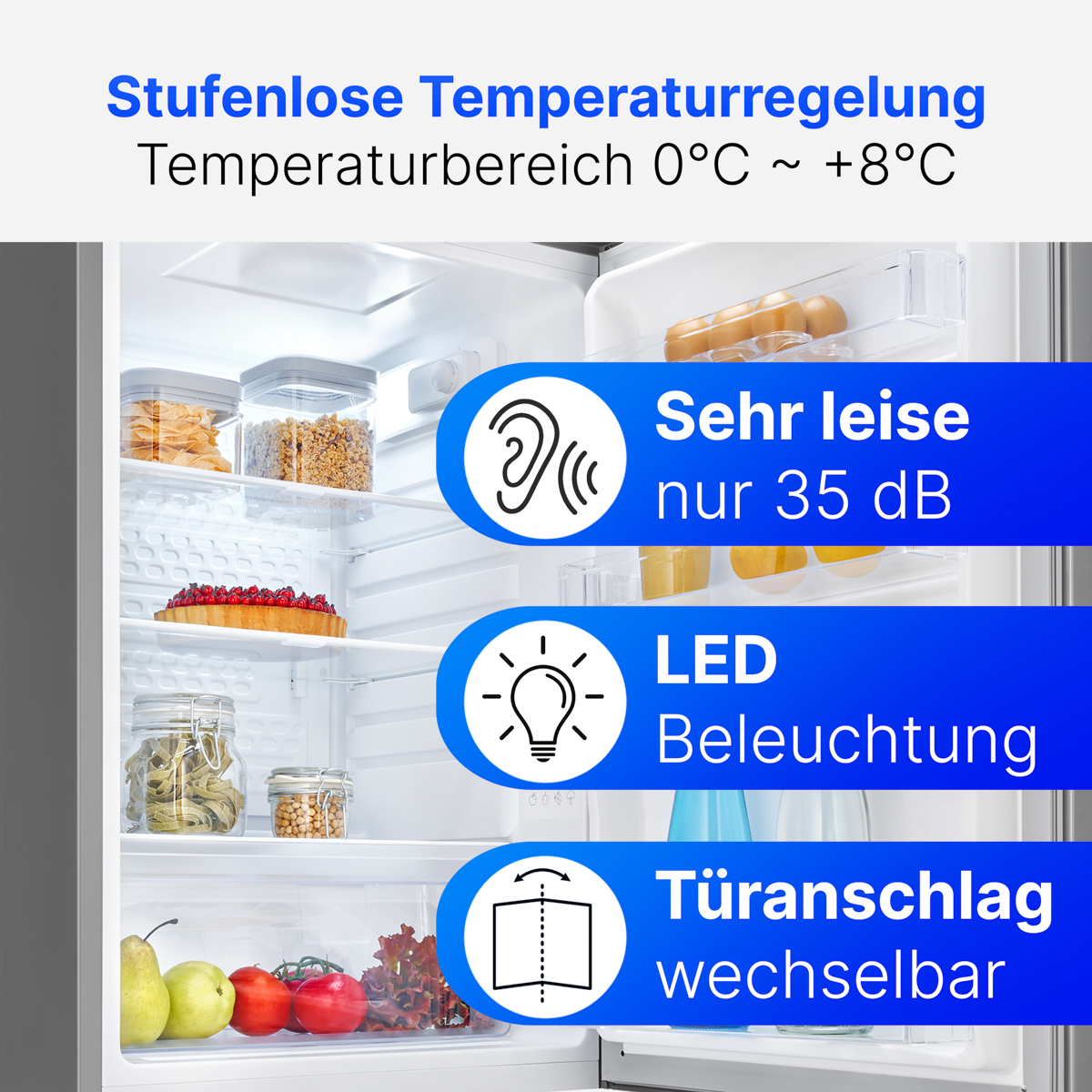Kühlschrank mit stufenloser Temperaturregelung, LED-Beleuchtung.