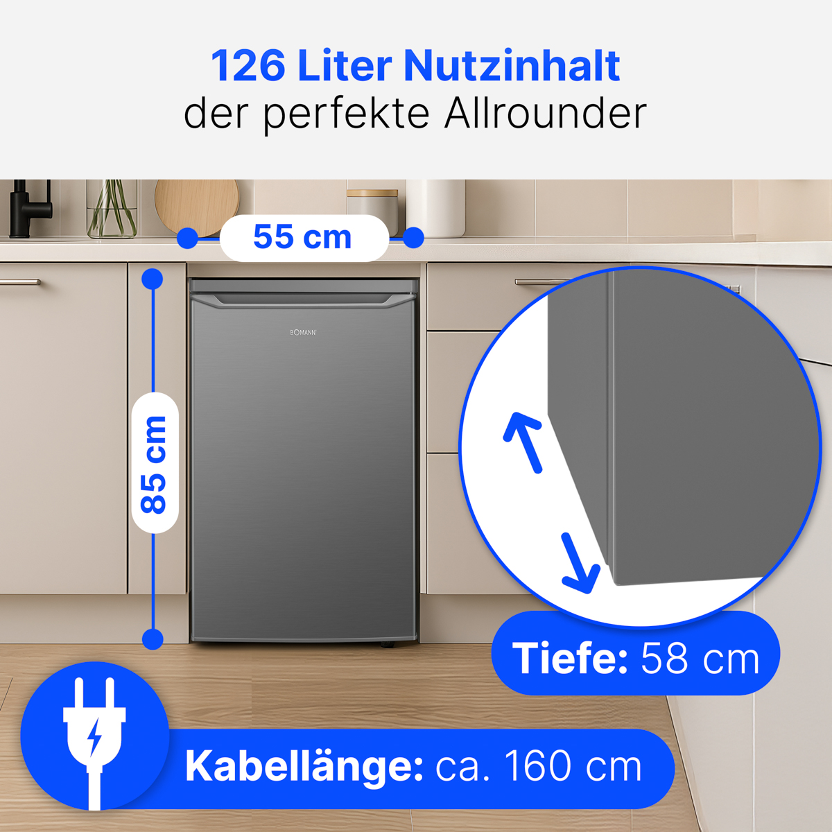 Ein grauer Kühlschrank von Bomann mit 85cm Höhe, 55cm Breite, 58cm Tiefe.