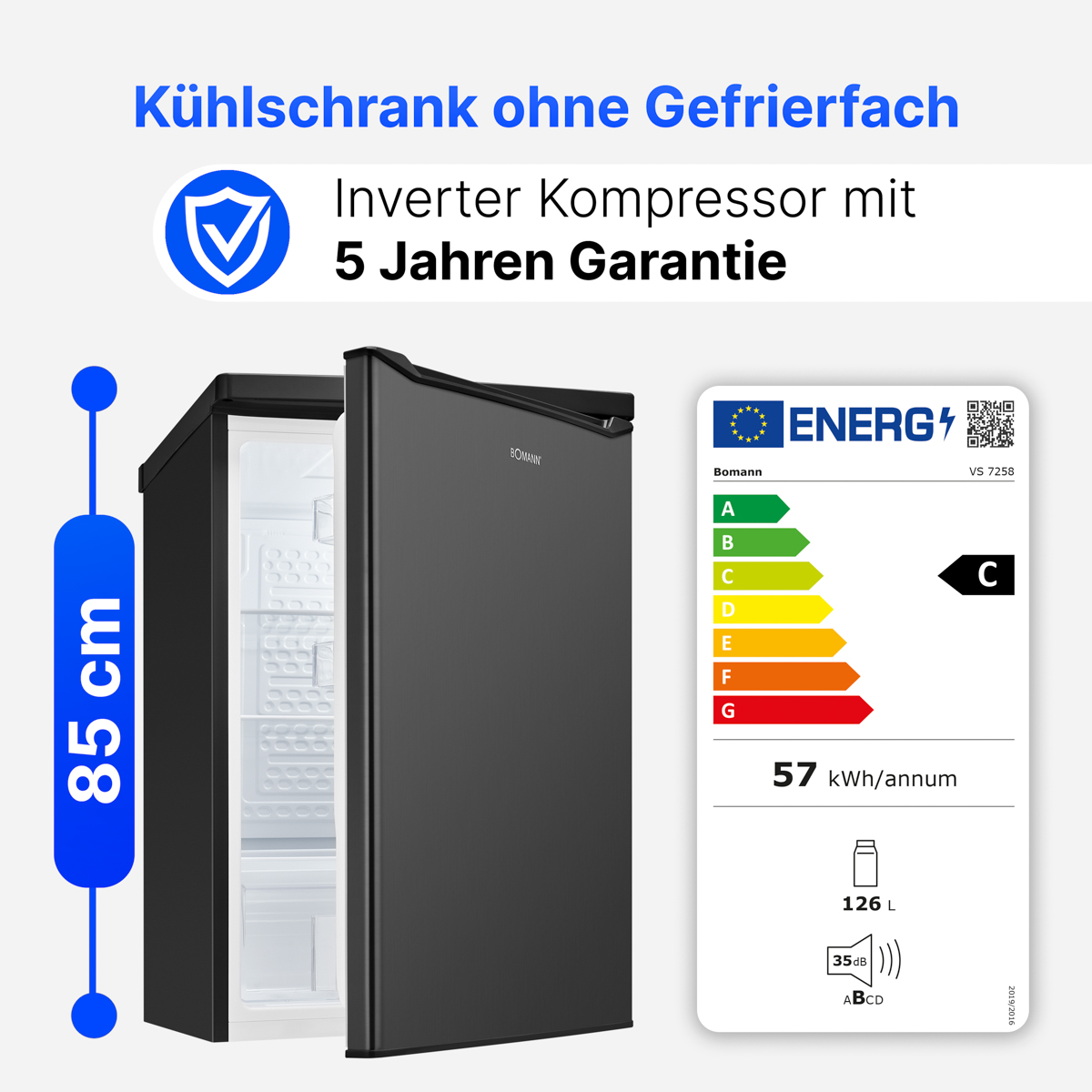 Schwarzer Kühlschrank ohne Gefrierfach, 85 cm hoch, mit Energieeffizienzlabel C.