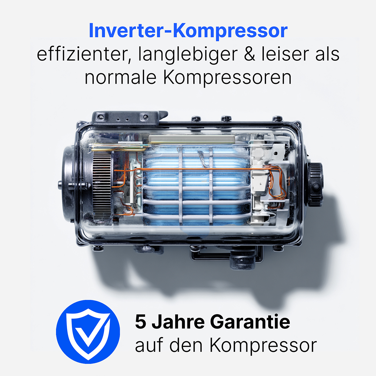 Ein Inverter-Kompressor mit blauem Kern, 5 Jahre Garantie.