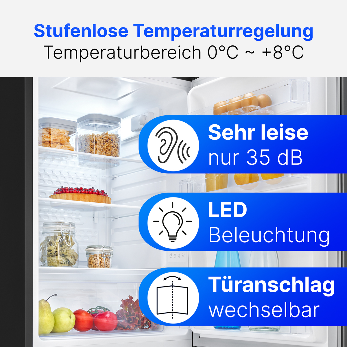 Kühlschrank mit variabler Temperaturregelung, LED-Beleuchtung und leisem Betrieb.