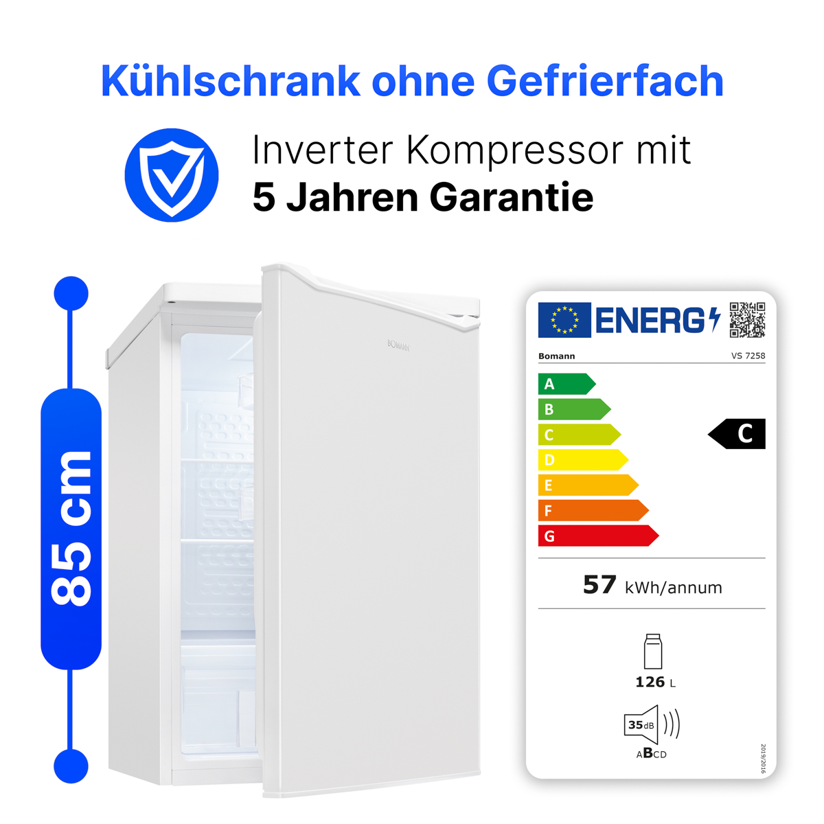 Ein weißer Kühlschrank, 85 cm hoch, mit Energieeffizienzklasse C.