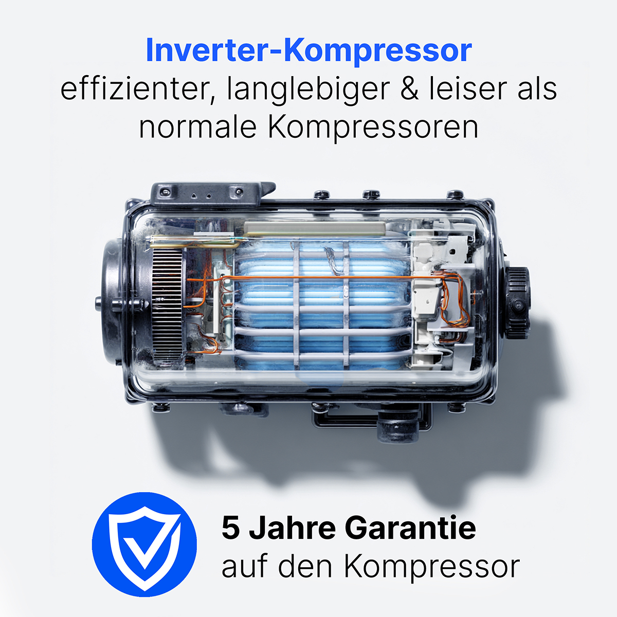 Ein Inverter-Kompressor mit Garantie, ausgestellt auf weißem Hintergrund.