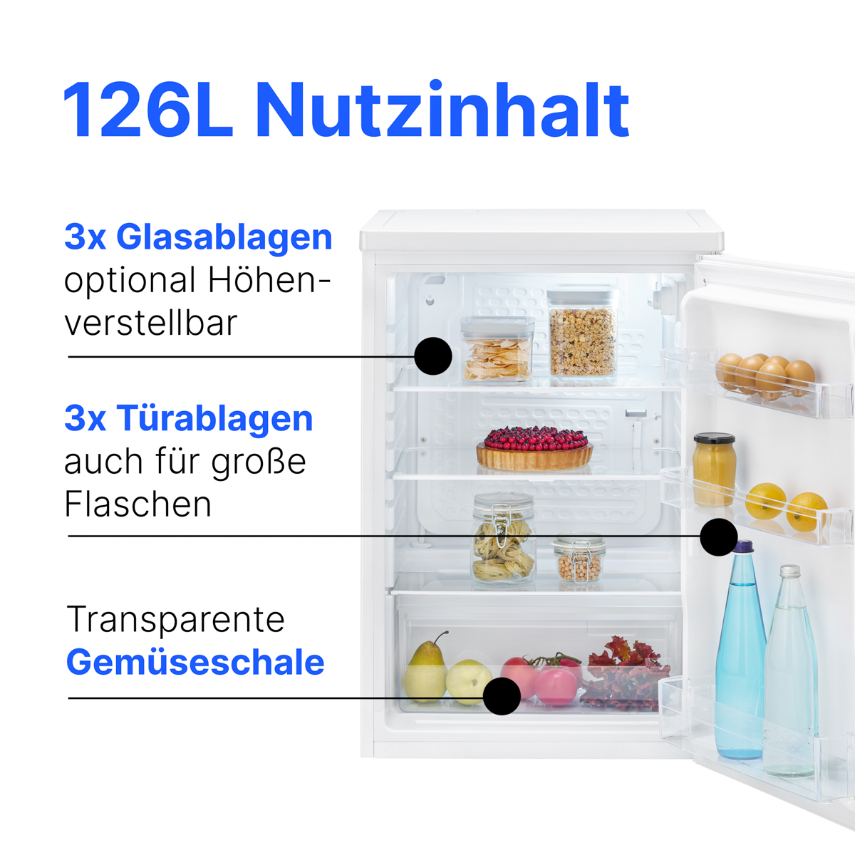 Gefrierschrank mit 126L Nutzinhalt, 3 Glasablagen, 3 Türablagen und Gemüseschale.
