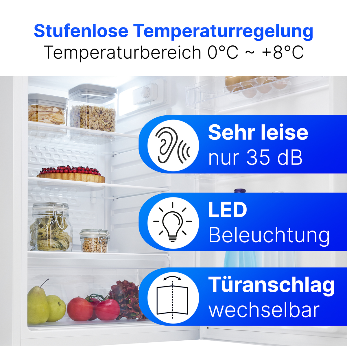 Kühlschrank mit stufenloser Temperaturregelung, leisem Betrieb, LED-Beleuchtung und wechselbarem Türanschlag.