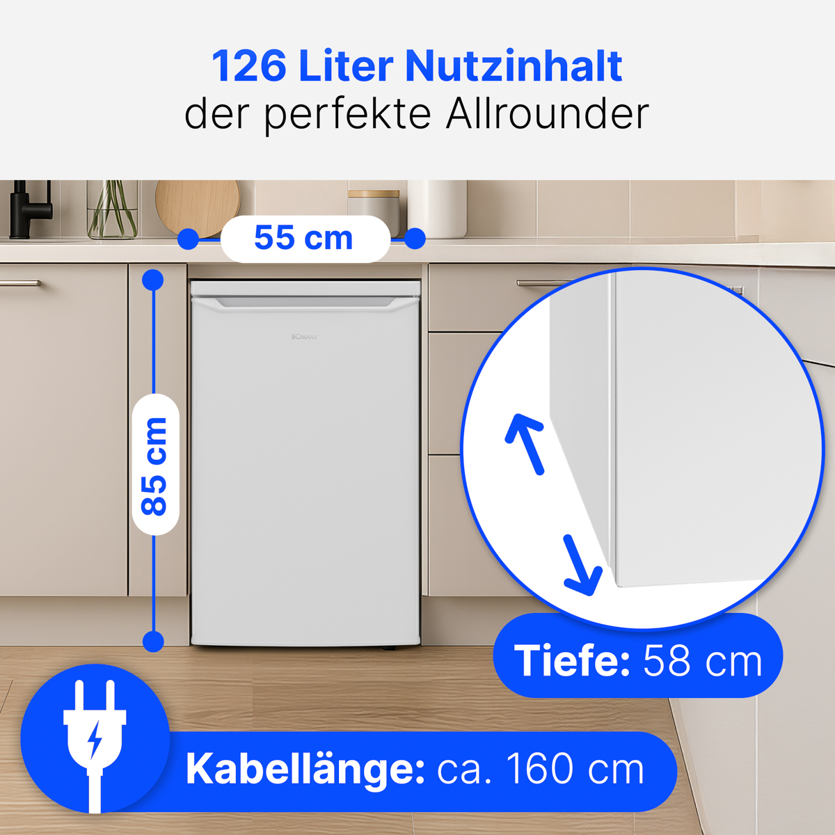 Kleiner weißer Kühlschrank mit Maßen: 85cm H, 55cm B, 58cm T. Kabel 160cm.