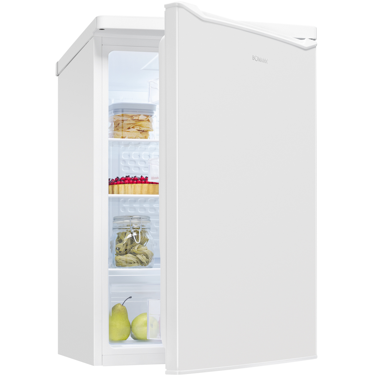 Ein weißer Kühlschrank mit offener Tür, gefüllt mit Essen, darunter Obst und Kuchen.