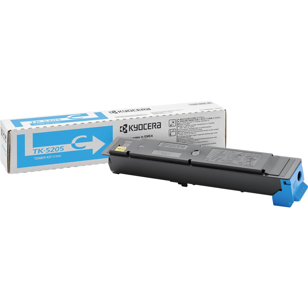Kyocera TK-5205 cyaan toner kit doos en toner cartridge op witte achtergrond.